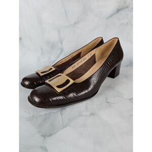 Vintage Salvatore Ferragamo Brown Snakeskin Leather Block Heel Pumps size‎ 9 2A
